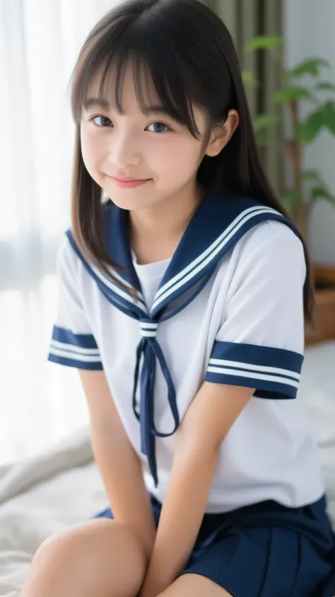 beauty shoot、The Cutest Pose in the World、so cute、lean forward idol pose、 smile、cutest middle school student in the world、bedroom 、masterpiece、Ultra Fine、realistic、8k,,short, round face 、、gently wraps around her testicles、has a happy smile、(Classic Jap...