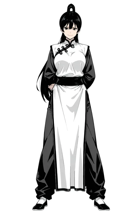 gsfghtr, multicolored robe, chinese clothes,KungFuUniform,score_9, score_8_up, score_7_up, gsfghtr, 1girl, smile serious, long ponytail, kohei horitoshi, white background, mature female, kung fu master, 2D color, arm behind back, anime style, kung fu maste...