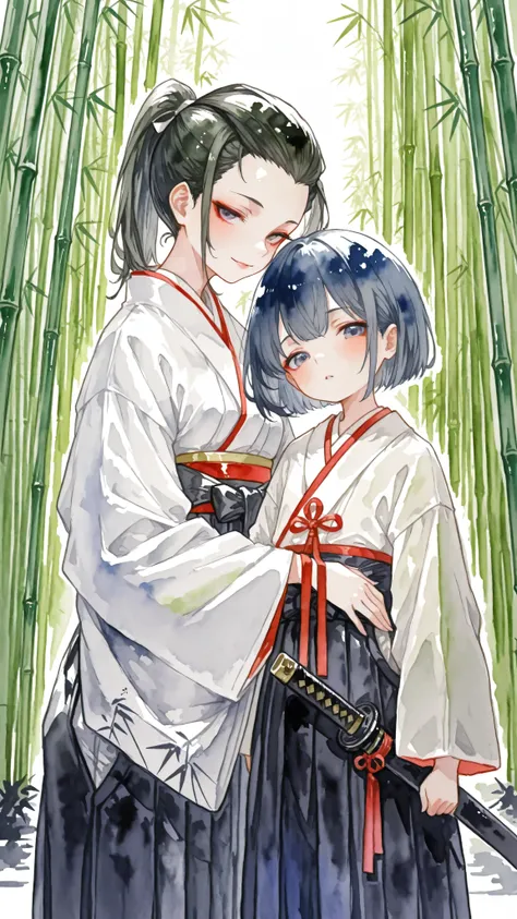 Watercolor-style,child,Duo,hair pulled back,ponytail,detailed eyes,timidly,seductive pose,Bamboo forest,Japanese sword,hakama over kimono, wide pleated skirt, graduation ceremony attire for women, formal academic style,墨,