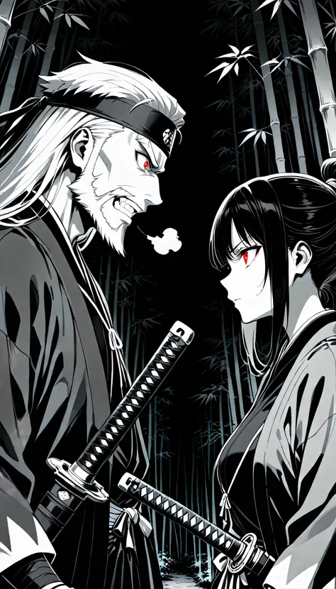 ((greyscale)),masterpiece,Ultra-high resolution,Rich contrast,Very high quality,8k,Highly detailed CG unit wallpaper,Texture,Incredibly absurd,RAW Photos,Depth of written boundary 1.2,0__11Xx_illu,(dark:2.0),Dense bamboo forest,Shinsengumi members hiding i...