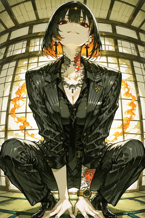 (masterpiece, best quality, ultra-detailed, high resolution, anime style, 2D illustration, cinematic lighting, dynamic perspective, fisheye lens effect),
handsome man, 30 years old, slender but athletic build, alluring expression, seductive smile showing t...