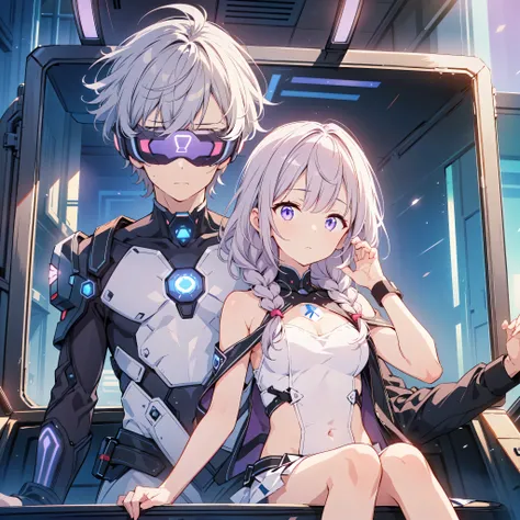 Man and woman couple、yinji,highest quality、Masterpiece、Official Art、The best light source、The best composition、Super detailed、super beautiful、16k、Super detailedな目、Wisteria trellis background、Picture Frame、Picture Frameに紫のLEDライト、indirect lighting、cyberpunk ...