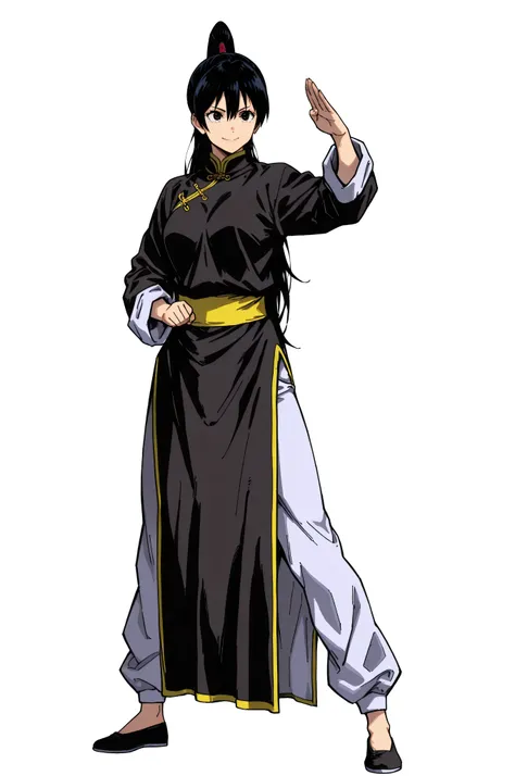 gsfghtr, multicolored robe, chinese clothes,KungFuUniform,score_9, score_8_up, score_7_up, gsfghtr, 1girl, smile serious, long ponytail, kohei horitoshi, white background, mature female, kung fu master, anime style, full body, pants, 