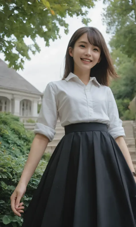 (1 cute girl),(big boobs:0.20),Look at the audience,(skinny:1.14),(smile:1.16),(younger:1.31),maids,from below,に付けたblack lace stockings,(The wind is rolling up the girl's skirt:1.5),black lace stockings