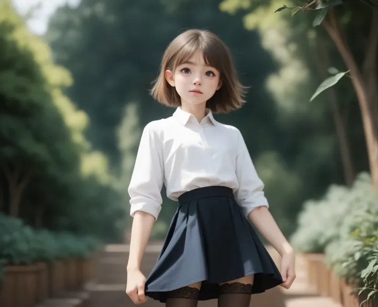 (1 cute girl),(big boobs:-0.46),Look at the audience,(skinny:1.21),(smile:0.42),(younger:1.30),maids,from below,に付けたblack lace stockings,(The wind is rolling up the girl's skirt:1.5),black lace stockings