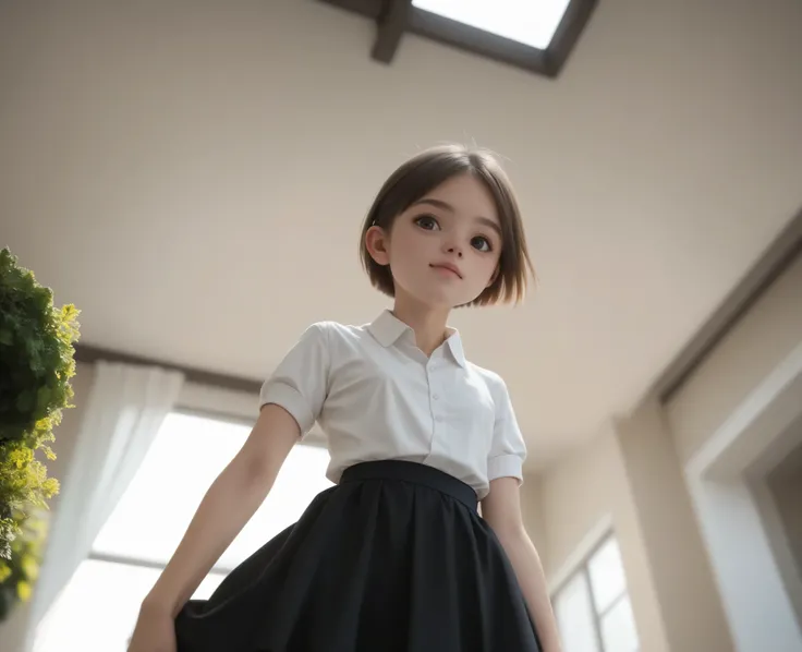 (1 cute girl),(big boobs:-0.46),Look at the audience,(skinny:1.21),(smile:0.42),(younger:1.30),maids,from below,に付けたblack lace stockings,(The wind is rolling up the girl's skirt:1.5),black lace stockings