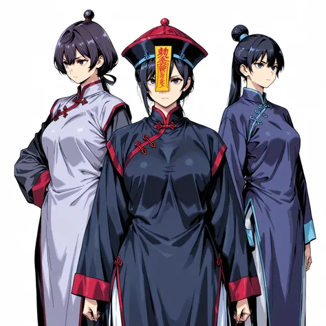 chinese clothes,KungFuUniform,score_9, score_8_up, score_7_up, gsfghtr, multicolored robe, white background, serious, long ponytail, kohei horitoshi, invited, 1jiangshi girl, mature female, chinese hat,