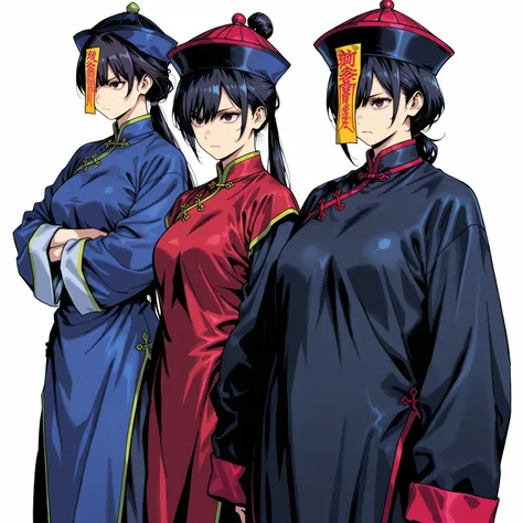 chinese clothes,KungFuUniform,score_9, score_8_up, score_7_up, gsfghtr, multicolored robe, white background, serious, long ponytail, kohei horitoshi, invited, 1jiangshi girl, mature female, chinese hat,