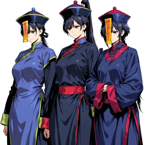 chinese clothes,KungFuUniform,score_9, score_8_up, score_7_up, gsfghtr, multicolored robe, white background, serious, long ponytail, kohei horitoshi, invited, 1jiangshi girl, mature female, chinese hat,