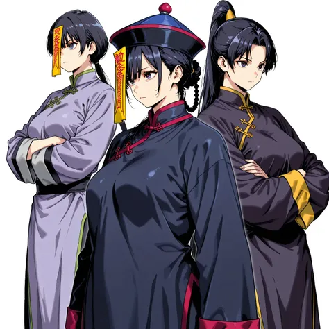 chinese clothes,KungFuUniform,score_9, score_8_up, score_7_up, gsfghtr, multicolored robe, white background, serious, long ponytail, kohei horitoshi, invited, 1jiangshi girl, mature female, chinese hat, monk girl,