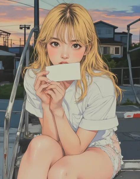 vivid, Very Detailed, Award-Winning Illustrations, PROFESSIONAL. love letter in her hand and shyly hiding her mouth, portrait、face focus from 45°、((Fall Dusk Background:1.6))、(((Anatomically correct body))),、face focus from 45°、sketch style、yellow hair、nav...