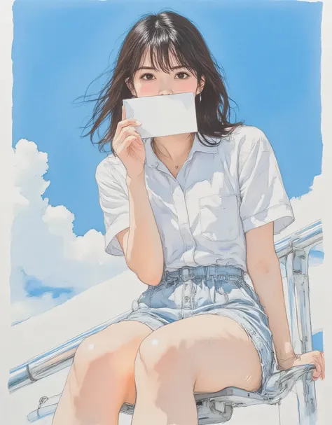 vivid, Very Detailed, Award-Winning Illustrations, PROFESSIONAL. woman holding a love letter in her hand and shyly hiding her mouth, embarrassing expression、portrait、face focus from 45°、((light blue background:1.6))、(((Anatomically correct body))),、face fo...
