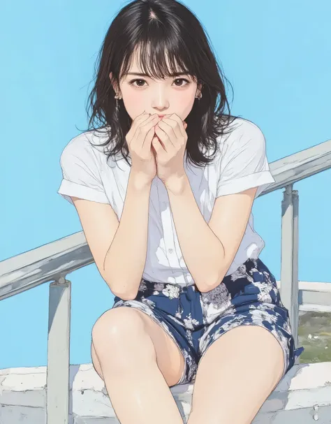 vivid, Very Detailed, Award-Winning Illustrations, PROFESSIONAL. A woman who shyly hides her mouth, embarrassing expression、portrait、face focus from 45°、((light blue background:1.6))、(((Anatomically correct body))),、face focus from 45°、sketch style、navy ha...