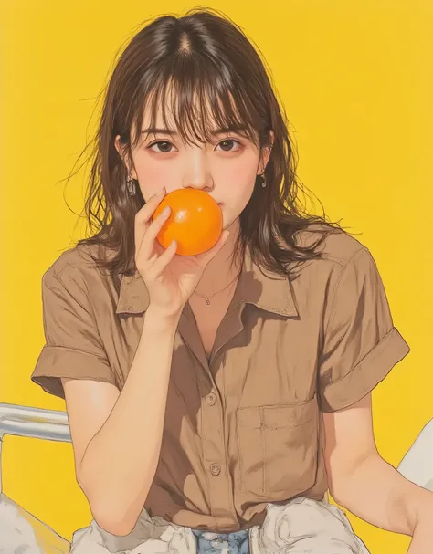 vivid, Very Detailed, Award-Winning Illustrations, PROFESSIONAL. Woman holding an orange persimmon in her hand、shyly looking away, embarrassing expression、portrait、face focus from 45°、((Honey Yellow Background:1.6))、(((Anatomically correct body))),、face fo...