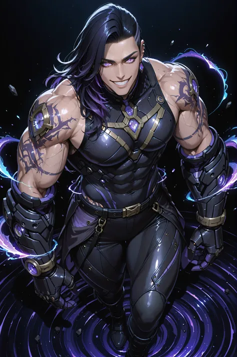 Full body shot from above, showing a tall, mature, and extremely muscular man with fair skin and a fierce, confident grin. His long messy tied side cut long tied black hair with dark violet streaks flows freely around his shoulders, caught in unseen gravit...