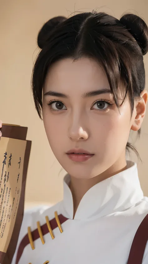 Tenten from Naruto Shippuden, half-body portrait, wearing her original anime outfit with twin hair buns, holding her ninja scrolls, ultra realistic, highly detailed, 8K resolution, cinematic lighting, soft background, natural skin texture, expressive eyes,...