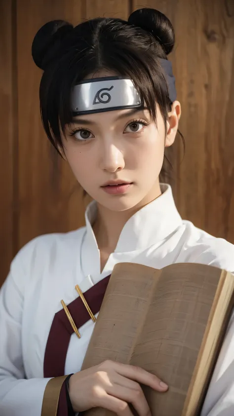 Tenten from Naruto Shippuden, half-body portrait, wearing her Konohagakure ninja headband with the Konoha symbol clearly visible, dressed in her original anime outfit, realistic and super detailed, HD quality, lifelike skin texture, detailed hair strands i...