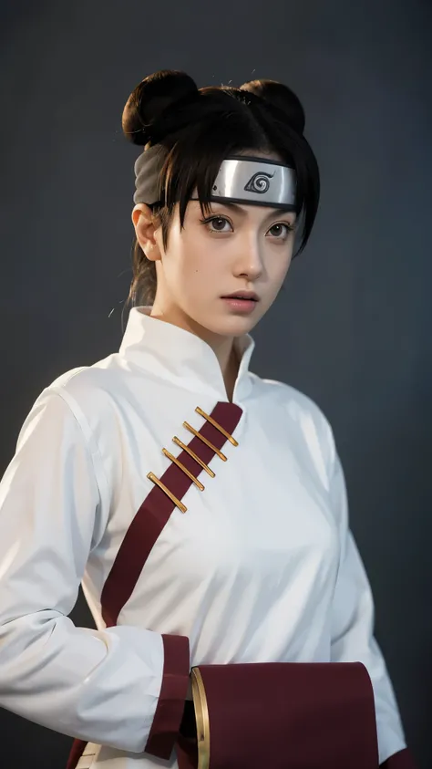 Tenten from Naruto Shippuden, half-body portrait, wearing her Konohagakure ninja headband with the Konoha symbol clearly visible, dressed in her original anime outfit, realistic and super detailed, HD quality, lifelike skin texture, detailed hair strands i...