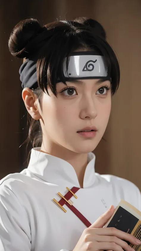 Tenten from Naruto Shippuden, half-body portrait, wearing her Konohagakure ninja headband with the Konoha symbol clearly visible, dressed in her original anime outfit, realistic and super detailed, HD quality, lifelike skin texture, detailed hair strands i...