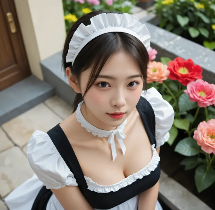 1 Girl、maids,Look at the audience,(skinny:0.16),(younger:0.16),from above,lean forward,(big boobs:0.63),is watering flowers outside the mansion,japanese,(smile Yang:0.32),black lace stockings