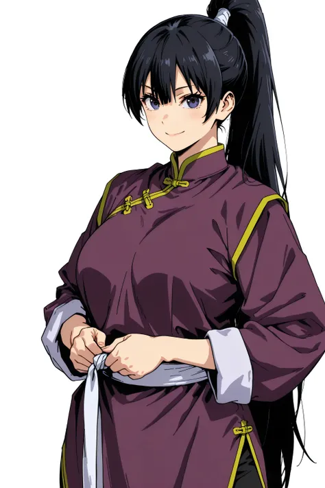 gsfghtr, multicolored robe, chinese clothes,KungFuUniform,score_9, score_8_up, score_7_up, gsfghtr, 1girl, smile serious, long ponytail, kohei horitoshi, white background, mature female, 1monk girl, anime style, three fourths body, both hands hold tie belt...