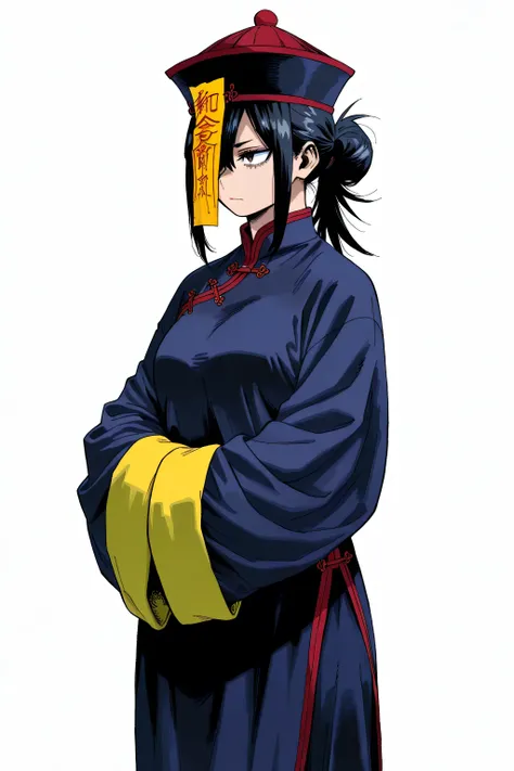 Kohei Horikoshi, My Hero Academia,chinese clothes,KungFuUniform,score_9, score_8_up, score_7_up, gsfghtr, multicolored robe, white background, serious, long ponytail, kohei horitoshi, invited, 1jiangshi girl, mature female, chinese hat, hide arms inside sl...