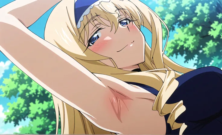masterpiece, best quality, amazing quality, anime screencap, anime coloring, 1girl, solo, cecilia alcott, blonde hair, long hair, drill hair, blue eyes, medium breasts, blue hairband, frilled hairband, blue leotard, impossible leotard, sleeveless turtlenec...