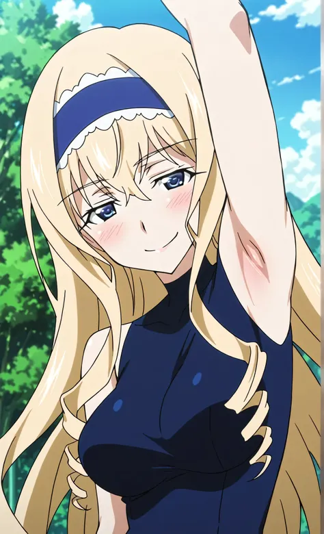 masterpiece, best quality, amazing quality, anime screencap, anime coloring, 1girl, solo, cecilia alcott, blonde hair, long hair, drill hair, blue eyes, medium breasts, blue hairband, frilled hairband, blue leotard, impossible leotard, sleeveless turtlenec...