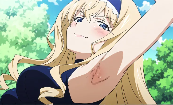 masterpiece, best quality, amazing quality, anime screencap, anime coloring, 1girl, solo, cecilia alcott, blonde hair, long hair, drill hair, blue eyes, medium breasts, blue hairband, frilled hairband, blue leotard, impossible leotard, sleeveless turtlenec...