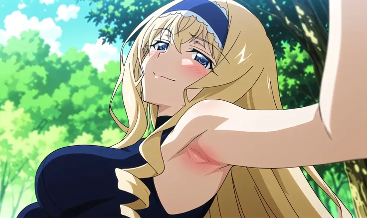 masterpiece, best quality, amazing quality, anime screencap, anime coloring, 1girl, solo, cecilia alcott, blonde hair, long hair, drill hair, blue eyes, medium breasts, blue hairband, frilled hairband, blue leotard, impossible leotard, sleeveless turtlenec...