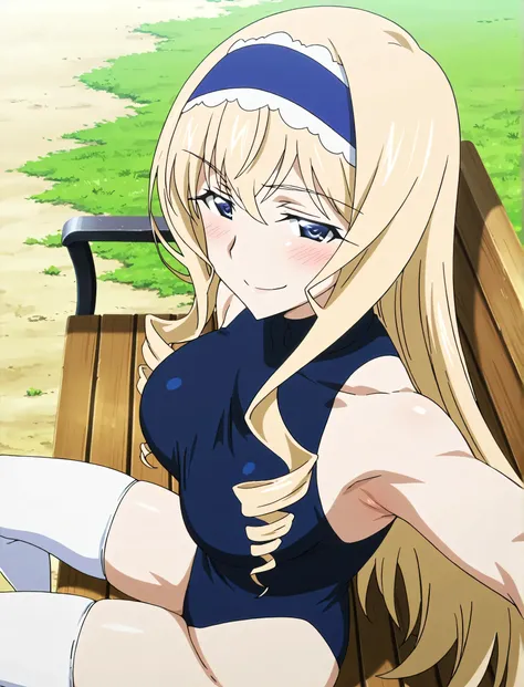 masterpiece, best quality, amazing quality, anime screencap, anime coloring, 1girl, solo, cecilia alcott, blonde hair, long hair, drill hair, blue eyes, medium breasts, blue hairband, frilled hairband, blue leotard, impossible leotard, sleeveless turtlenec...