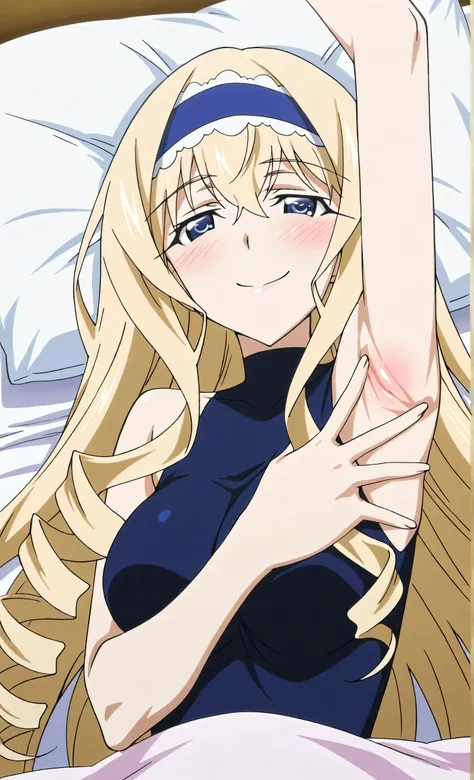 masterpiece, best quality, amazing quality, anime screencap, anime coloring, 1girl, solo, cecilia alcott, blonde hair, long hair, drill hair, blue eyes, medium breasts, blue hairband, frilled hairband, blue leotard, impossible leotard, sleeveless turtlenec...