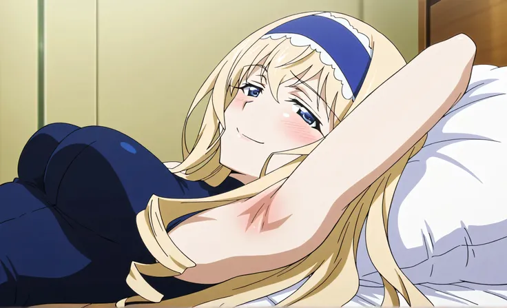 masterpiece, best quality, amazing quality, anime screencap, anime coloring, 1girl, solo, cecilia alcott, blonde hair, long hair, drill hair, blue eyes, medium breasts, blue hairband, frilled hairband, blue leotard, impossible leotard, sleeveless turtlenec...