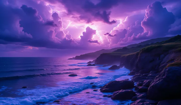 A stormy coastline beneath glowing clouds, lightning striking in vibrant purples and blues, illuminating sea spray and rocky cliffs like a living painting. hyperrealistic, ultra details, ultra quality, HDR, 8K, clear photo, vivid color, natural beauty