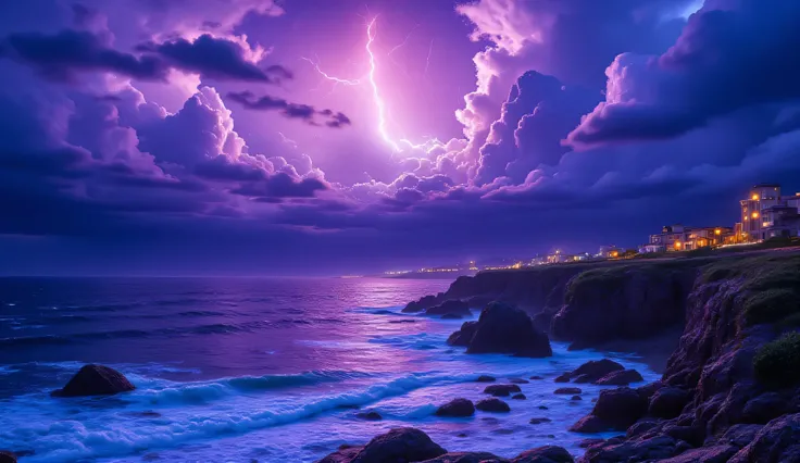 A stormy coastline beneath glowing clouds, lightning striking in vibrant purples and blues, illuminating sea spray and rocky cliffs like a living painting. hyperrealistic, ultra details, ultra quality, HDR, 8K, clear photo, vivid color, natural beauty