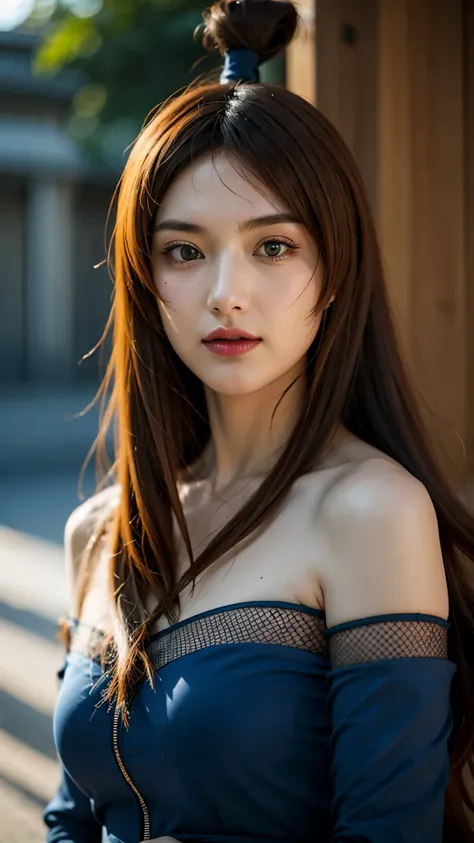 Half-body portrait of Mei Terumi from Naruto Shippuden, ultra-realistic and highly detailed, HD quality. She has long wavy auburn hair, green eyes, and wears her signature blue and turquoise outfit with mesh armor underneath. Her expression is confident an...