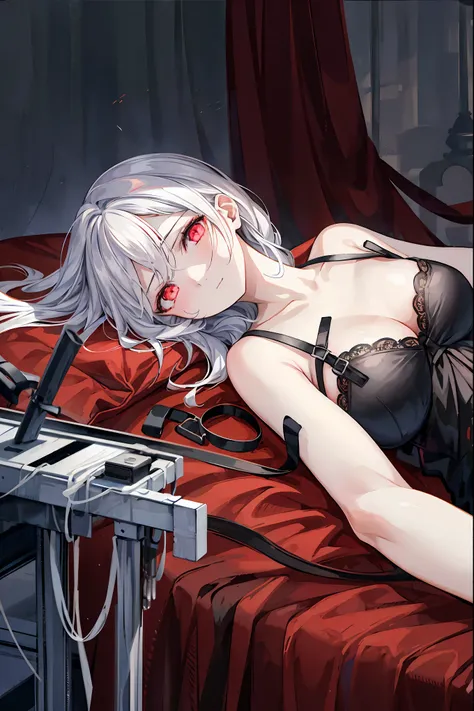 Forbidden Laboratory,dark,Faceless Doctors,Normal Girls Lying in Bed,only her eyes glow red,High Fine,Realistic,high contrast,Vivid Colors,Professional,horror,Nervous,Photo shoot,Digital Art