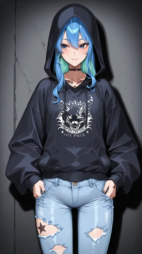 Hoshimachi Suisei ,beautiful,4k,lot of Pierce,lot of tattoo, ripped jeans, hoodie