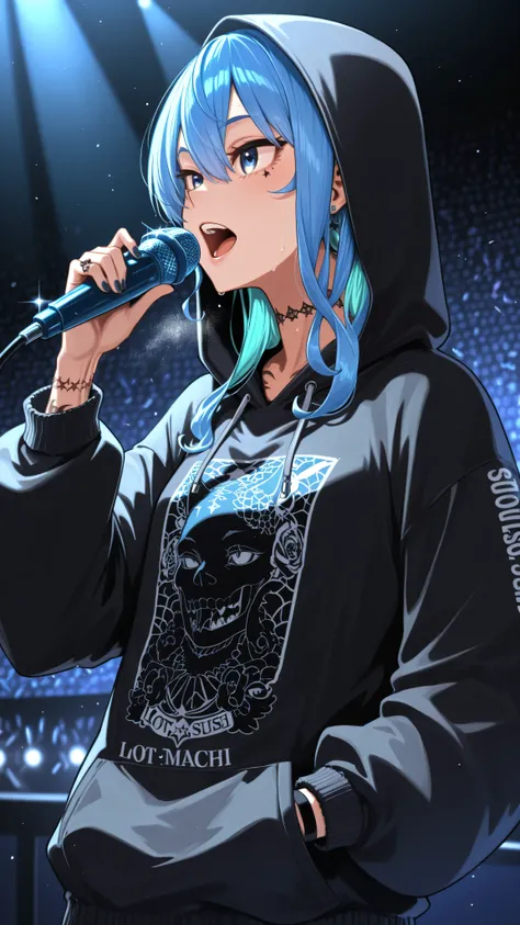 Hoshimachi Suisei ,beautiful,4k,lot of Pierce,lot of tattoo, hoodie,singing 