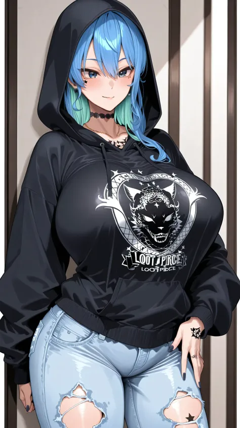 Hoshimachi Suisei ,beautiful,4k,lot of Pierce,lot of tattoo, ripped jeans, hoodie,huge breast 