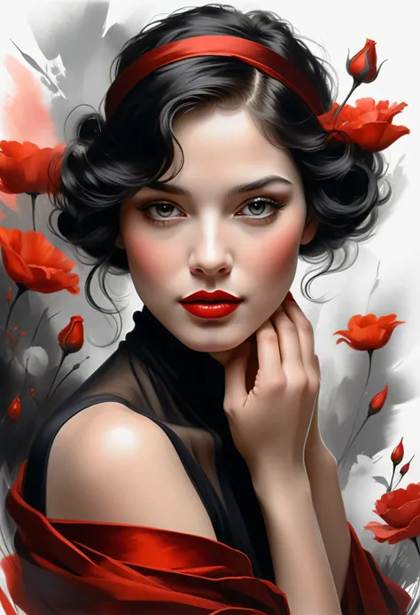 Create a magical, breathtaking and mesmerizing close-up illustration of a charming woman inspired by the elegance of the 1920s, done in a stunning sketch style with oil brush strokes. The artwork should be, with loose brush strokes and intricate contours t...
