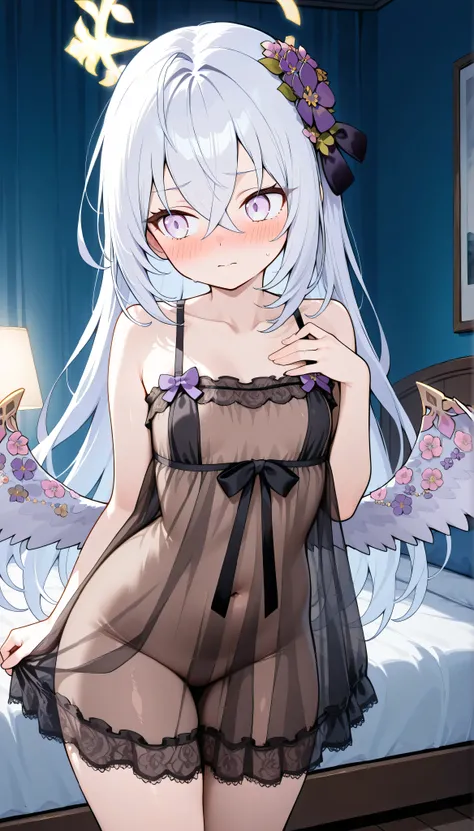 azusa (blue archive),purple eyes,white hair,long hair,wings,hair flower,halo,black sexy negligee,bare_shoulders,strap,lace hem,see-through,ribbon, solo, I can see my eyebrows from the inside of my hair, hair between eyes, is embarrassing, masterpiece, Bes...