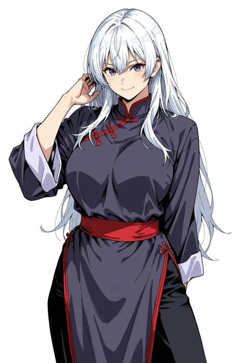 gsfghtr, multicolored robe, chinese clothes,KungFuUniform,score_9, score_8_up, score_7_up, gsfghtr, 1girl, smile serious, long hair, kohei horitoshi, white background, mature female, 1monk girl, anime style, three fourths body, pants, white hair,