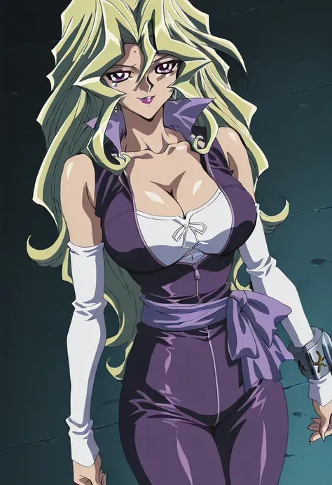 傑作、best quality、best resolution、best image quality、amazing quality、 very aesthetic、 absurdres、anime coloring、anime screencap、anime screenshot、1woman 、 Mai Valentine (character) 、solo 、blonde hair 、long hair 、purple eyes 、hair between eyes 、lipstick 、very l...