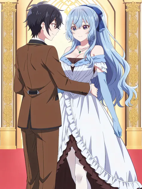 (very_aesthetic, best_quality, high_resolution, ultra_detailed, anime_screencap)  1boy ,  boy:(    Rio Karasuki, dark brown eyes, detailed eyes,  black hair, ultra delicate hair, smile, close mouth,  standing,  tall slim body, brown dress jacket, white shi...