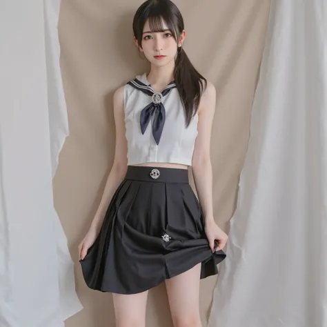 arafed asian woman in a black skirt and a white shirt posing for a picture, japanese school uniform, japanese girl school uniform, wearing japanese school uniform, cute schoolgirl, jk uniform, beautiful anime high school girl, loafers, Open belly, See the ...
