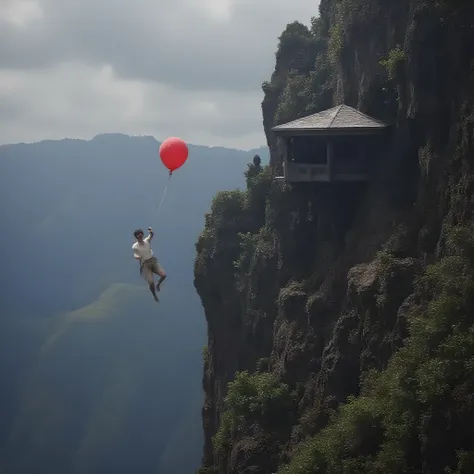 high quality, 8K Ultra HD, Epic surreal science fiction art. In this faraway world, create a strangely eerie unnerving sci-fi image of a surreal undead person ominously holding onto and floating with a creepy red balloon high up near a mega mountain cliff ...