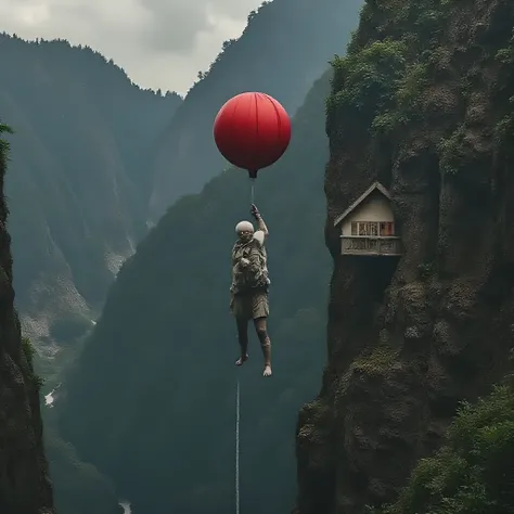 high quality, 8K Ultra HD, Epic surreal science fiction art. In this faraway world, create a strangely eerie unnerving sci-fi image of a surreal undead person ominously holding onto and floating with a creepy red balloon high up near a mega mountain cliff ...