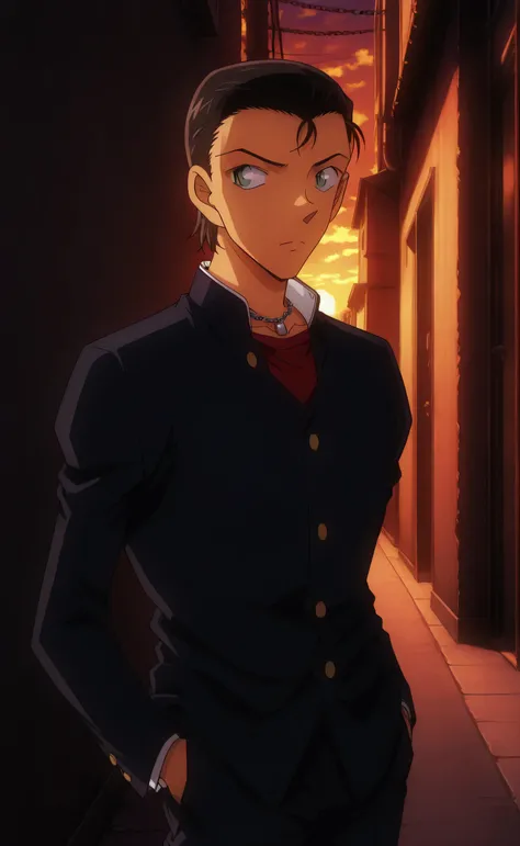 1male, solo, students, teenage, black hair, short hair, slicked back-hair, green eyes, grim, red t-shirt, Classic gakuran, necklace, chain-pants, thug, muscle, alley, sunset, male focus, portrait, Detective Conan Style