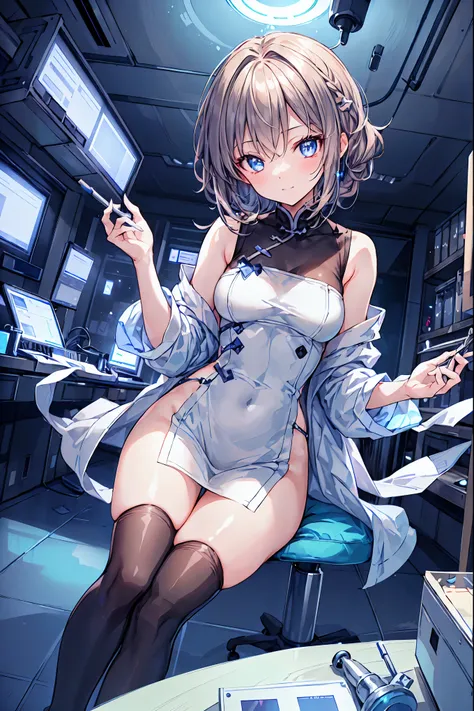 (((Forbidden Laboratory))), Dark laboratory equipment,Feeling nervous,Metallic Texture,Delicate Description，clean laboratory interior,scientist's experimental scene,Test tube,Medicines,gas emission device,spectrophotometer on the device,optical detector,co...